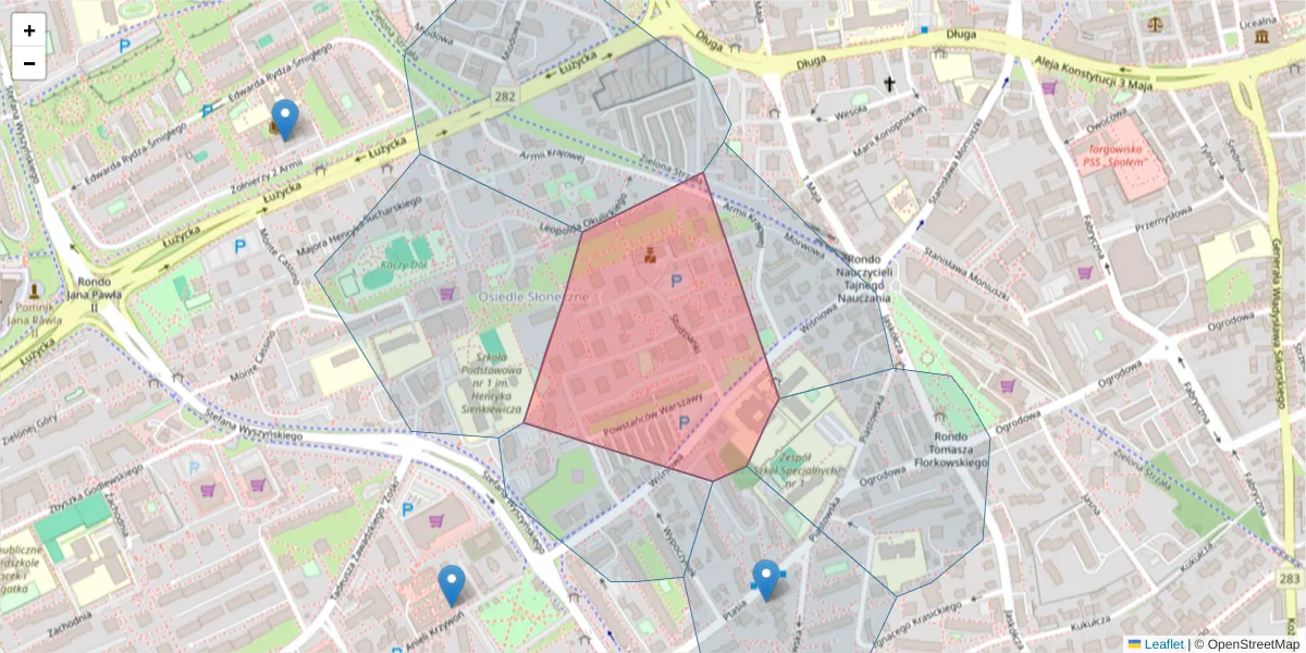 Szczegółowa mapa kodu pocztowego 65-807 z granicami, sąsiednimi kodami pocztowymi i urzędami pocztowymi