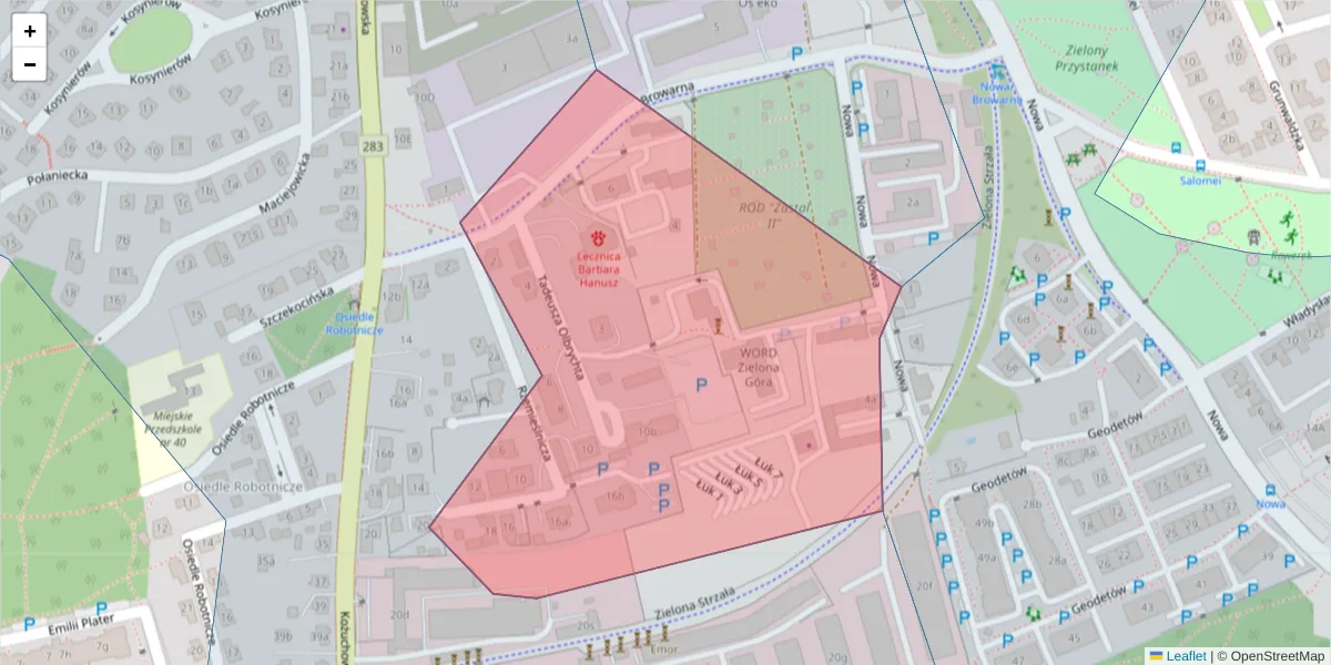 Szczegółowa mapa kodu pocztowego 65-823 z granicami, sąsiednimi kodami pocztowymi i urzędami pocztowymi