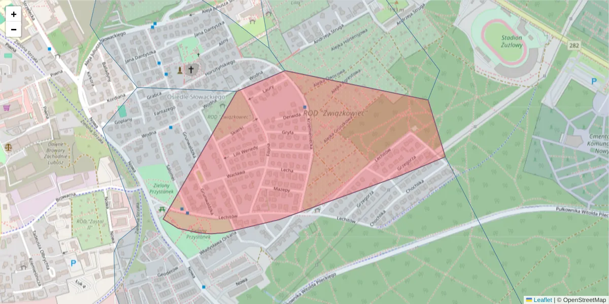Szczegółowa mapa kodu pocztowego 65-831 z granicami, sąsiednimi kodami pocztowymi i urzędami pocztowymi