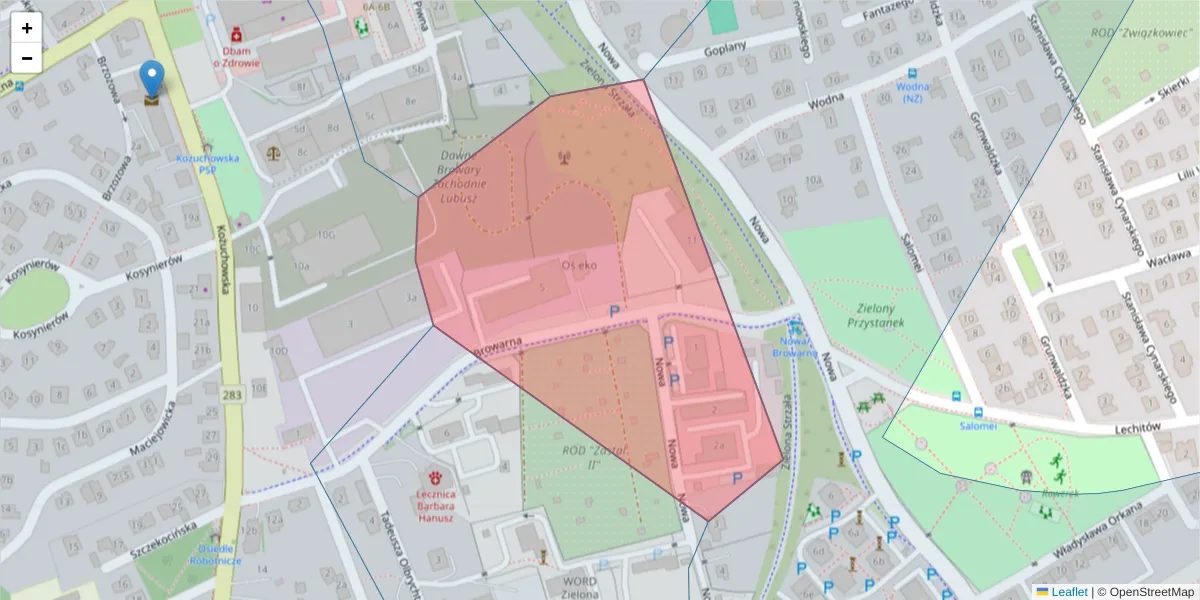 Szczegółowa mapa kodu pocztowego 65-849 z granicami, sąsiednimi kodami pocztowymi i urzędami pocztowymi