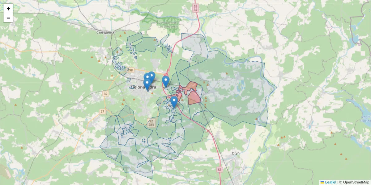 Szczegółowa mapa kodu pocztowego 66-002 z granicami, sąsiednimi kodami pocztowymi i urzędami pocztowymi