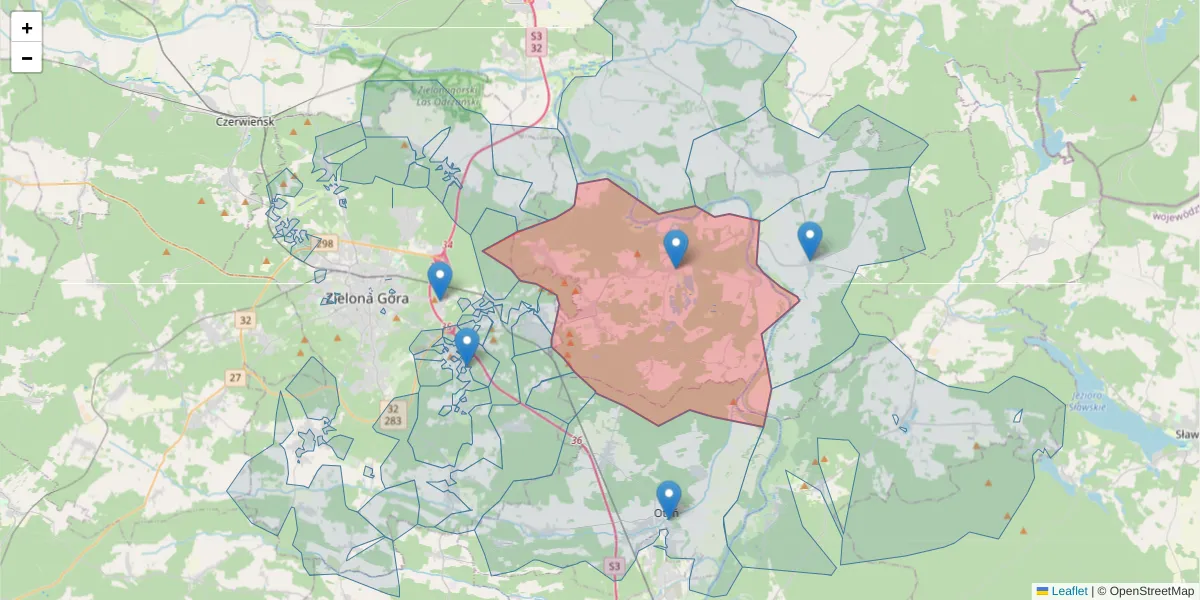 Szczegółowa mapa kodu pocztowego 66-003 z granicami, sąsiednimi kodami pocztowymi i urzędami pocztowymi
