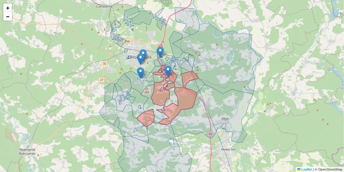 Szczegółowa mapa kodu pocztowego 66-004 z granicami, sąsiednimi kodami pocztowymi i urzędami pocztowymi