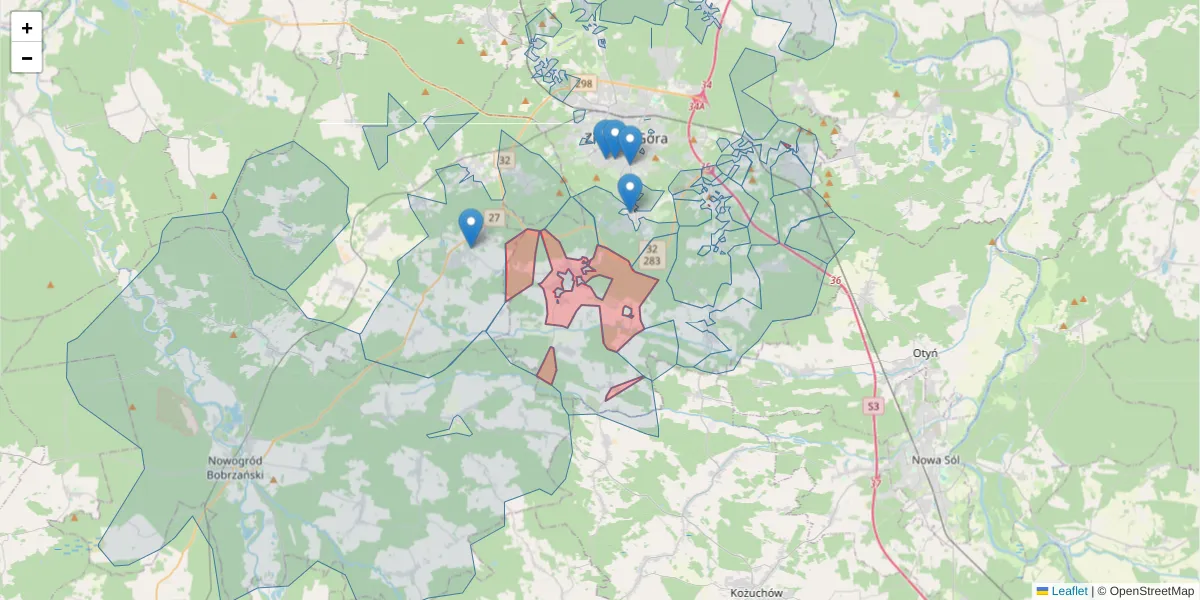 Szczegółowa mapa kodu pocztowego 66-006 z granicami, sąsiednimi kodami pocztowymi i urzędami pocztowymi