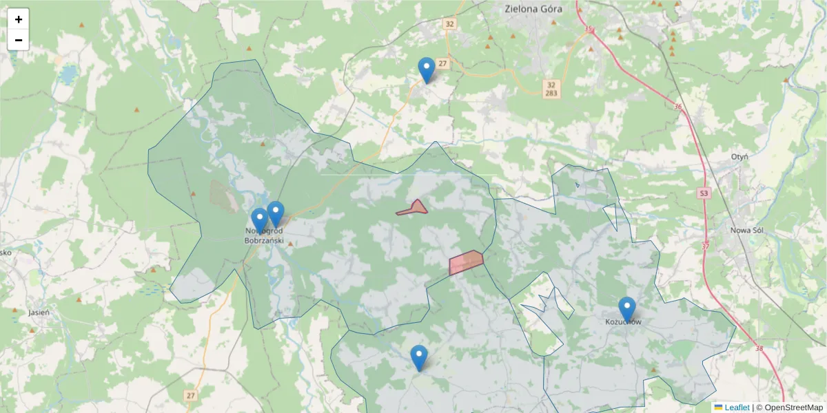 Szczegółowa mapa kodu pocztowego 66-007 z granicami, sąsiednimi kodami pocztowymi i urzędami pocztowymi