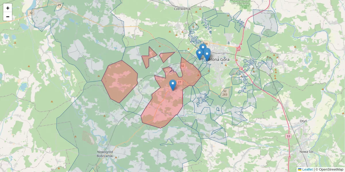 Szczegółowa mapa kodu pocztowego 66-008 z granicami, sąsiednimi kodami pocztowymi i urzędami pocztowymi