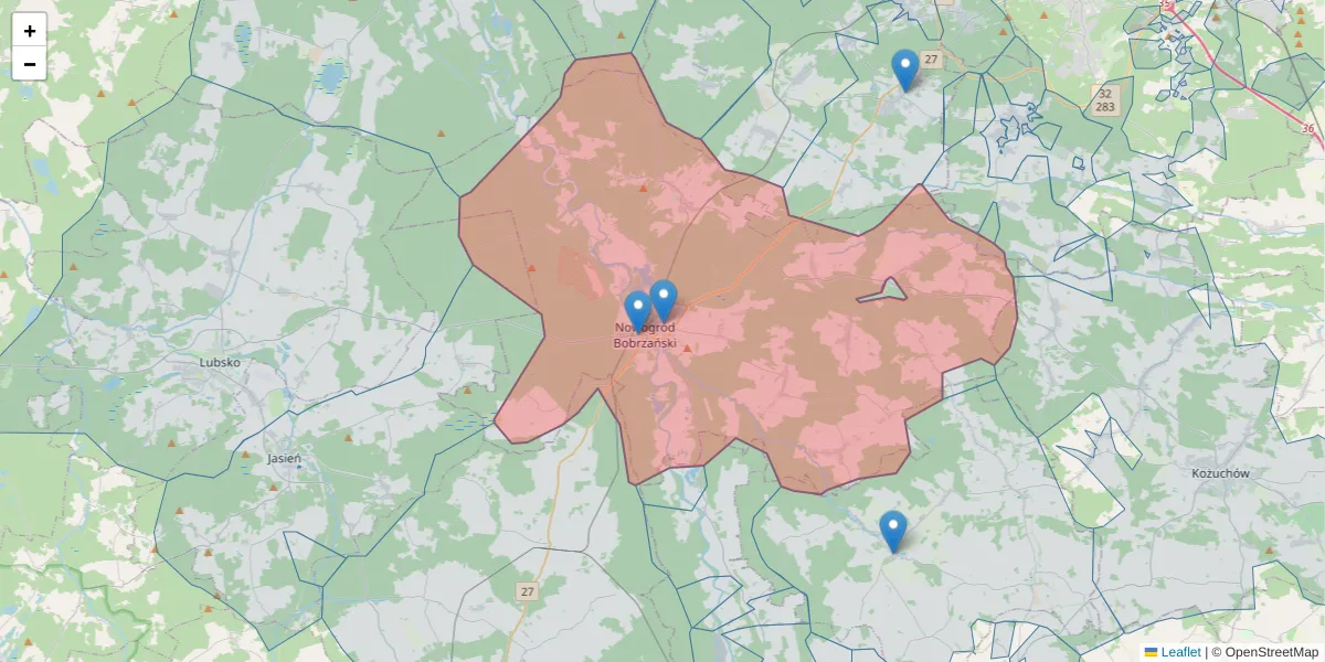 Szczegółowa mapa kodu pocztowego 66-010 z granicami, sąsiednimi kodami pocztowymi i urzędami pocztowymi