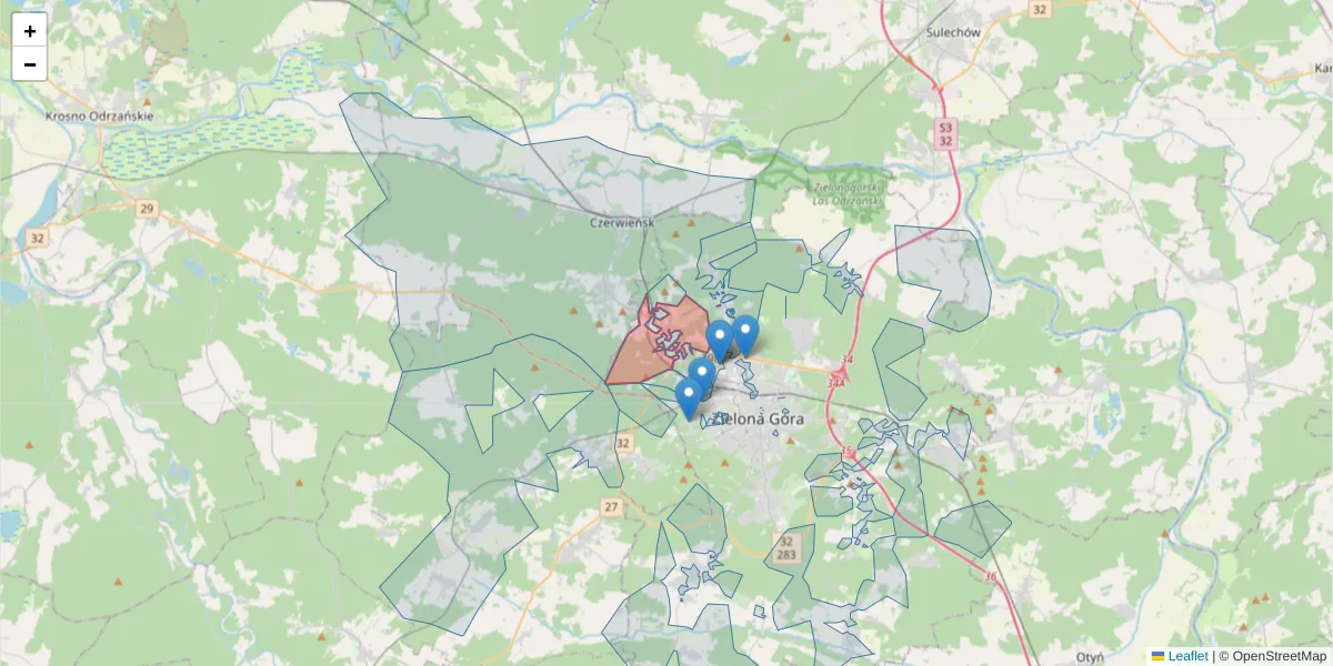 Szczegółowa mapa kodu pocztowego 66-015 z granicami, sąsiednimi kodami pocztowymi i urzędami pocztowymi