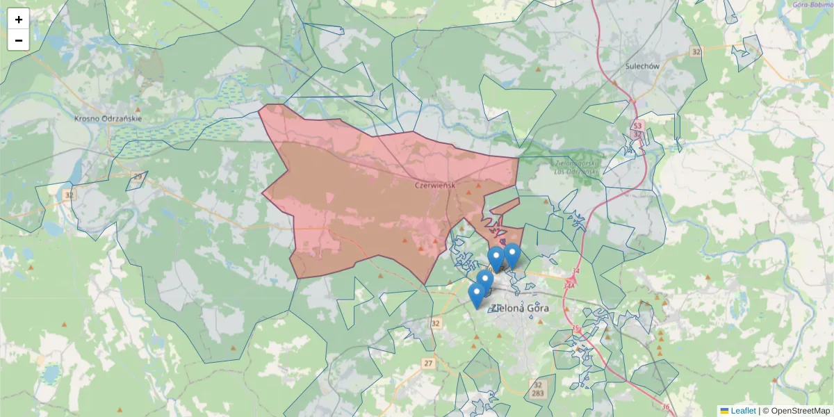 Szczegółowa mapa kodu pocztowego 66-016 z granicami, sąsiednimi kodami pocztowymi i urzędami pocztowymi
