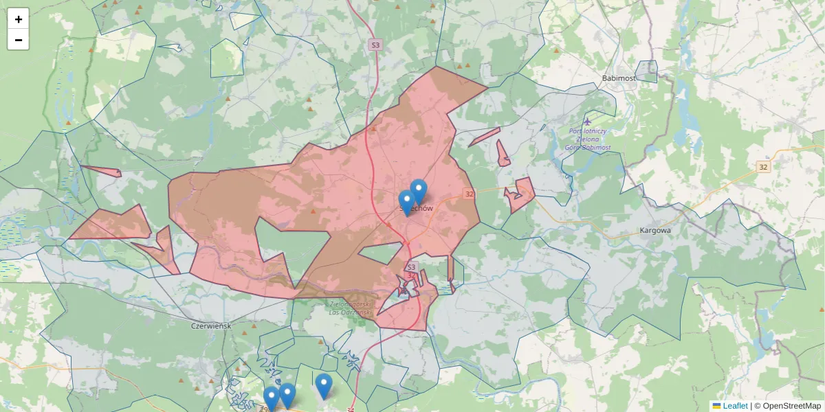 Szczegółowa mapa kodu pocztowego 66-100 z granicami, sąsiednimi kodami pocztowymi i urzędami pocztowymi