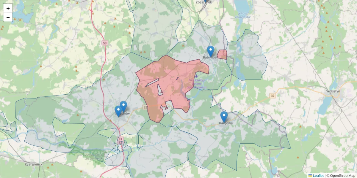 Szczegółowa mapa kodu pocztowego 66-111 z granicami, sąsiednimi kodami pocztowymi i urzędami pocztowymi