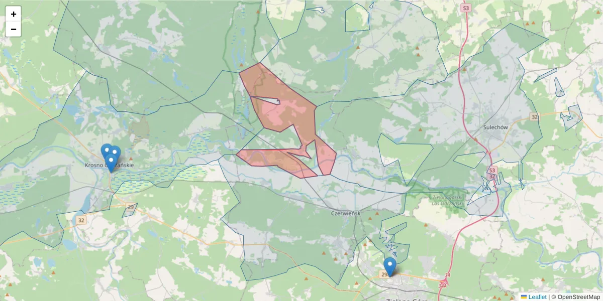 Szczegółowa mapa kodu pocztowego 66-112 z granicami, sąsiednimi kodami pocztowymi i urzędami pocztowymi
