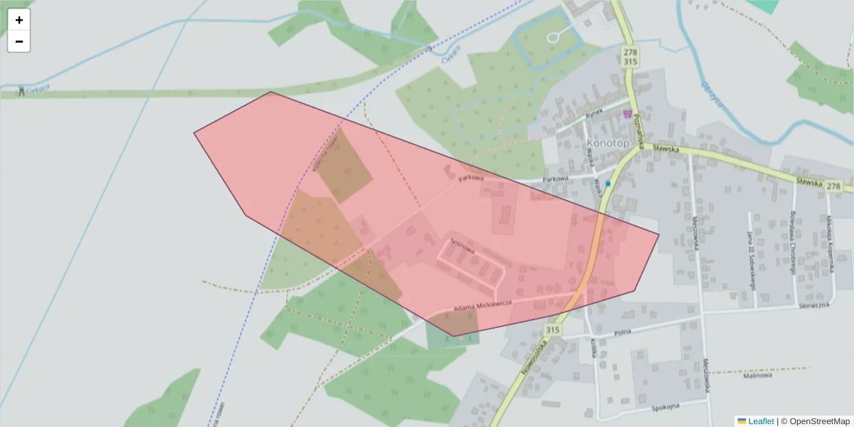 Szczegółowa mapa kodu pocztowego 66-134 z granicami, sąsiednimi kodami pocztowymi i urzędami pocztowymi