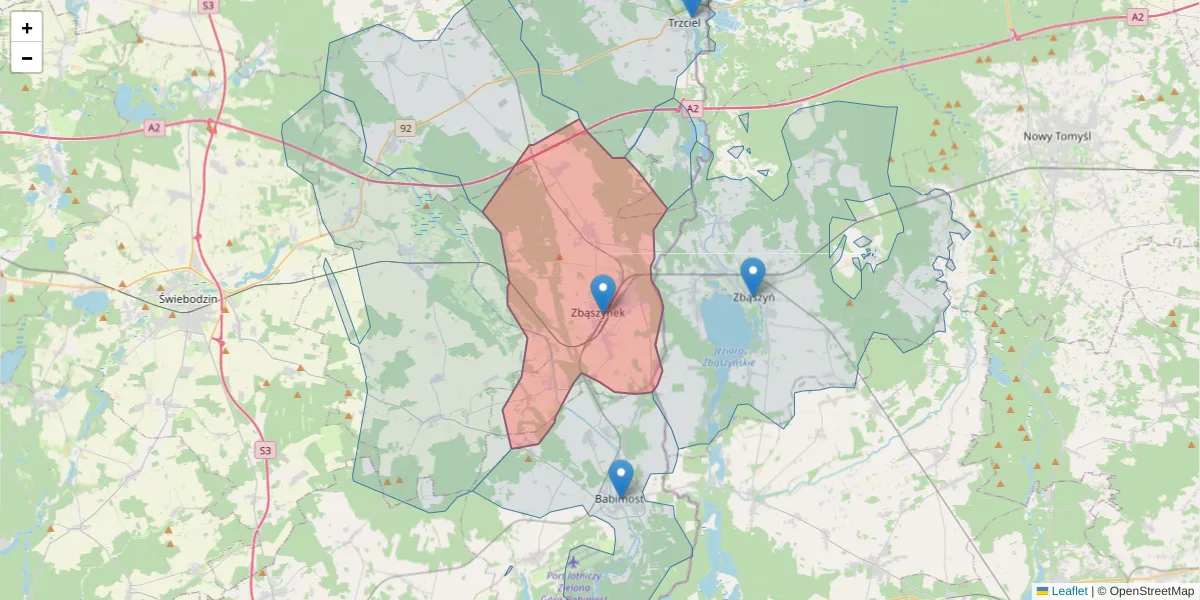 Szczegółowa mapa kodu pocztowego 66-210 z granicami, sąsiednimi kodami pocztowymi i urzędami pocztowymi