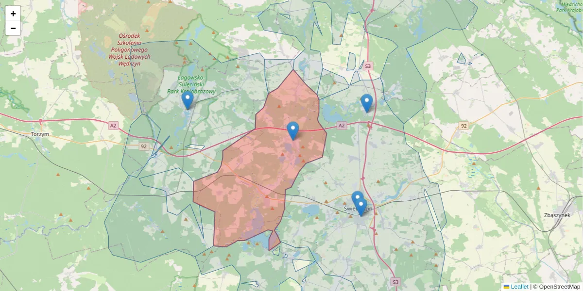 Szczegółowa mapa kodu pocztowego 66-218 z granicami, sąsiednimi kodami pocztowymi i urzędami pocztowymi