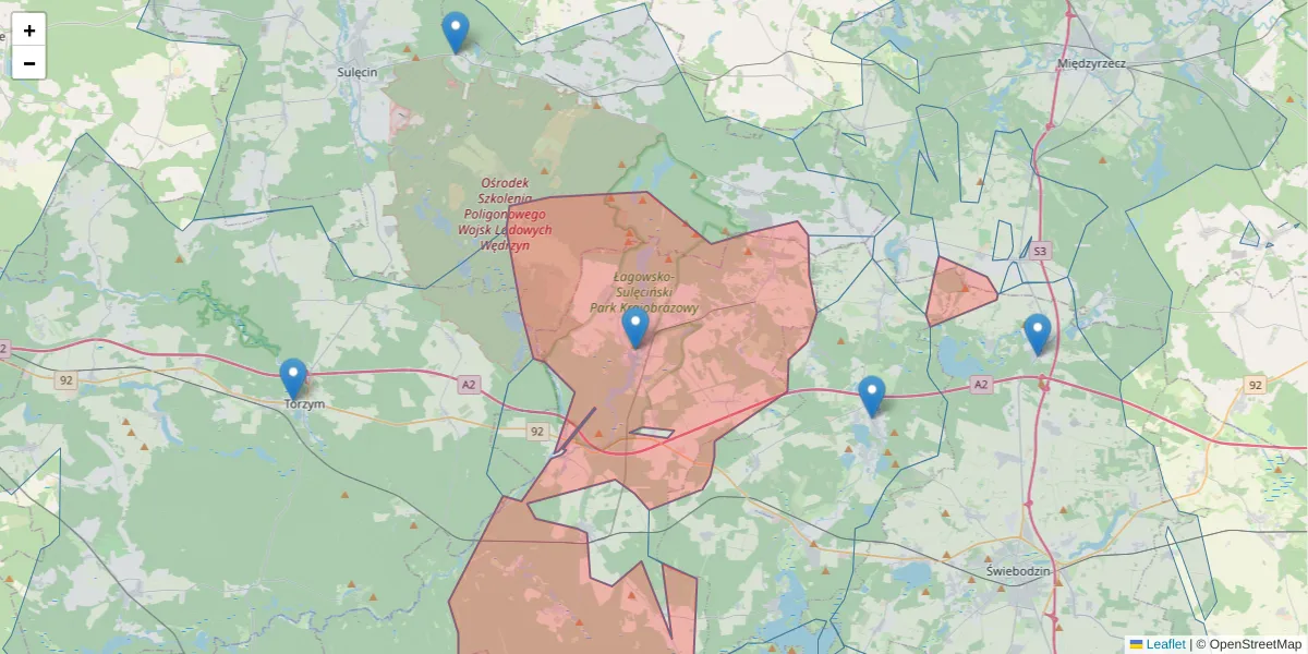 Szczegółowa mapa kodu pocztowego 66-220 z granicami, sąsiednimi kodami pocztowymi i urzędami pocztowymi