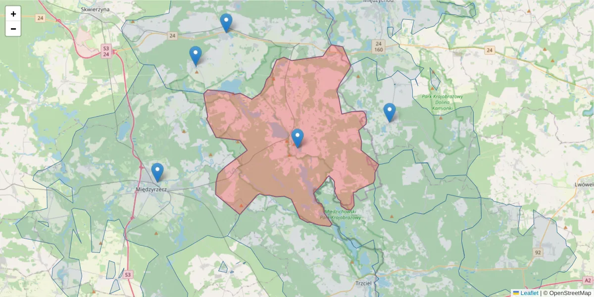 Szczegółowa mapa kodu pocztowego 66-330 z granicami, sąsiednimi kodami pocztowymi i urzędami pocztowymi