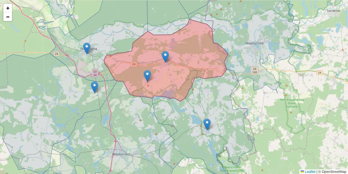 Szczegółowa mapa kodu pocztowego 66-340 z granicami, sąsiednimi kodami pocztowymi i urzędami pocztowymi