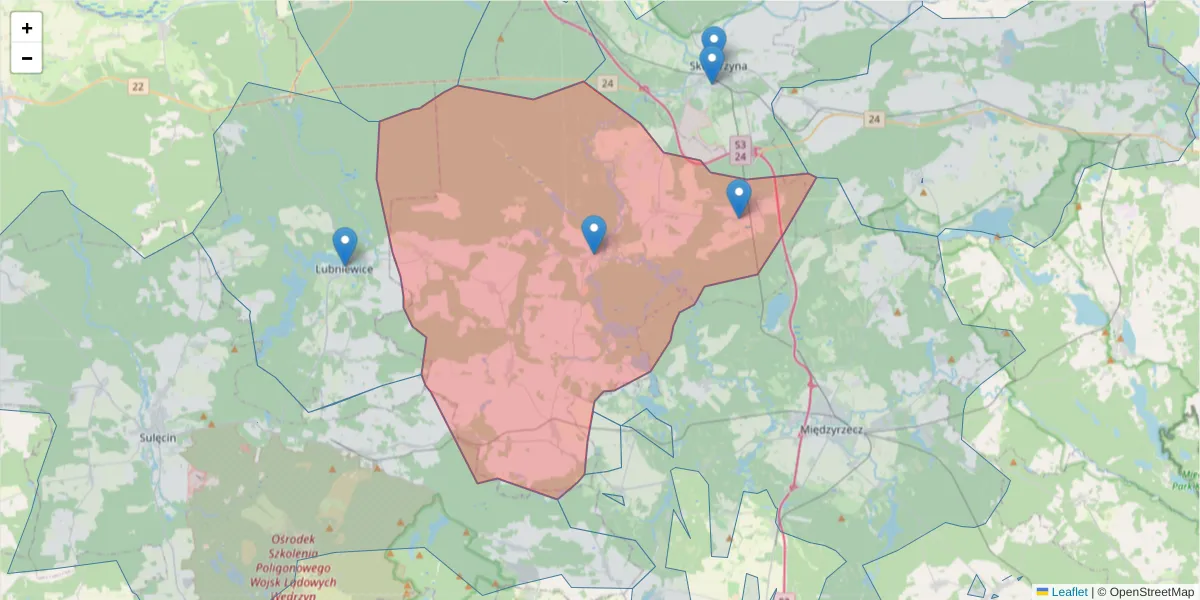 Szczegółowa mapa kodu pocztowego 66-350 z granicami, sąsiednimi kodami pocztowymi i urzędami pocztowymi