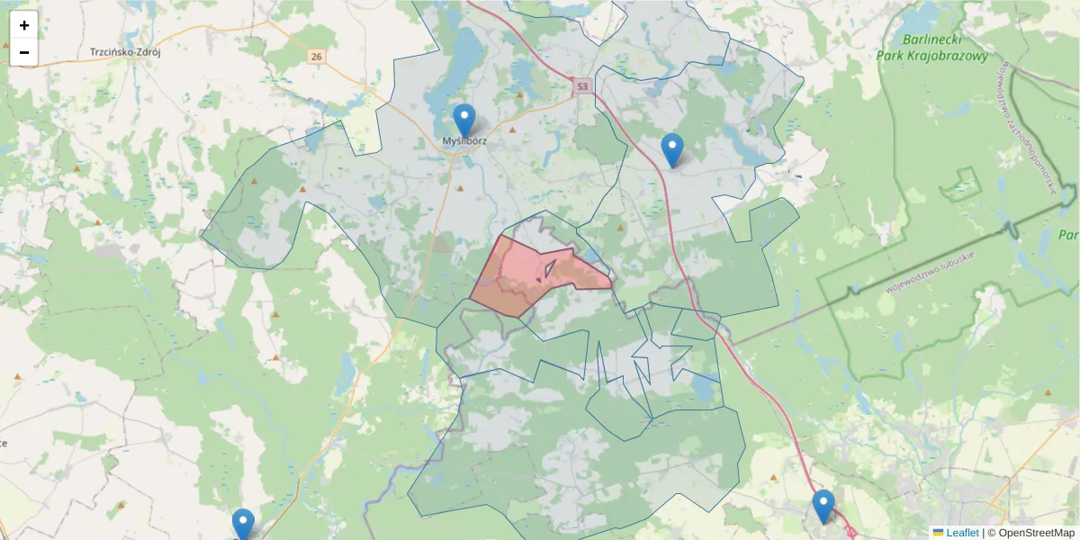 Szczegółowa mapa kodu pocztowego 66-428 z granicami, sąsiednimi kodami pocztowymi i urzędami pocztowymi