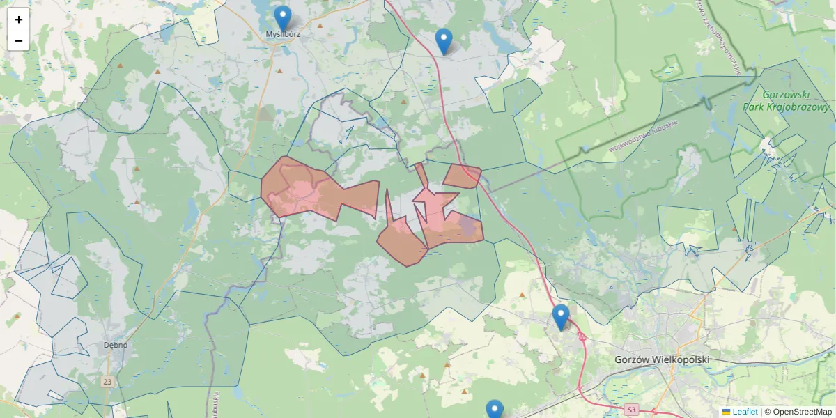 Szczegółowa mapa kodu pocztowego 66-429 z granicami, sąsiednimi kodami pocztowymi i urzędami pocztowymi