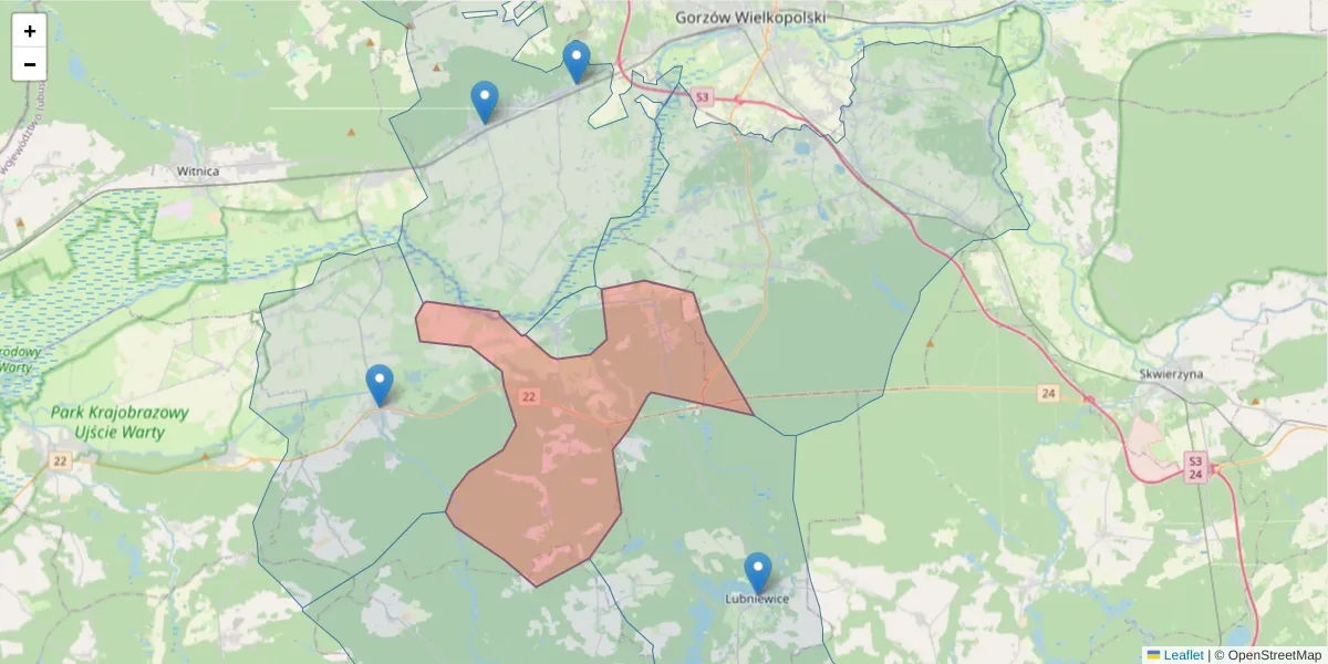 Szczegółowa mapa kodu pocztowego 66-439 z granicami, sąsiednimi kodami pocztowymi i urzędami pocztowymi