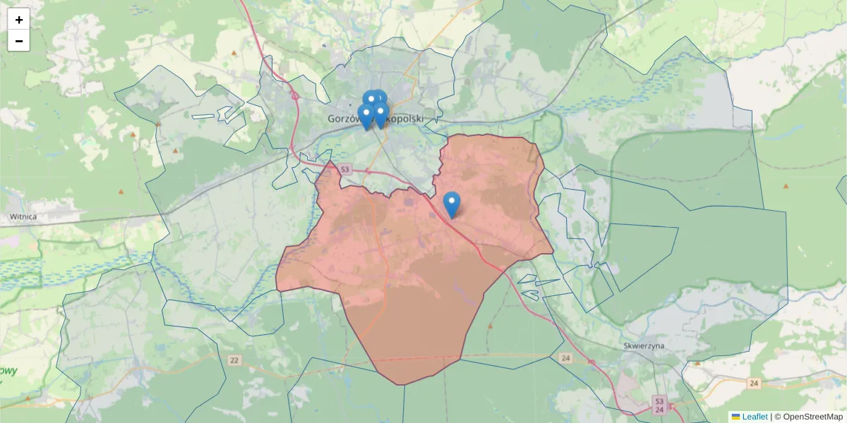 Szczegółowa mapa kodu pocztowego 66-446 z granicami, sąsiednimi kodami pocztowymi i urzędami pocztowymi