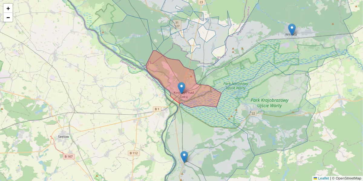 Szczegółowa mapa kodu pocztowego 66-470 z granicami, sąsiednimi kodami pocztowymi i urzędami pocztowymi