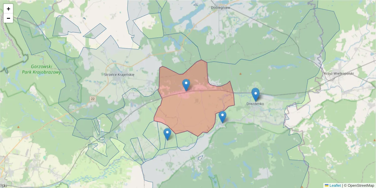 Szczegółowa mapa kodu pocztowego 66-540 z granicami, sąsiednimi kodami pocztowymi i urzędami pocztowymi