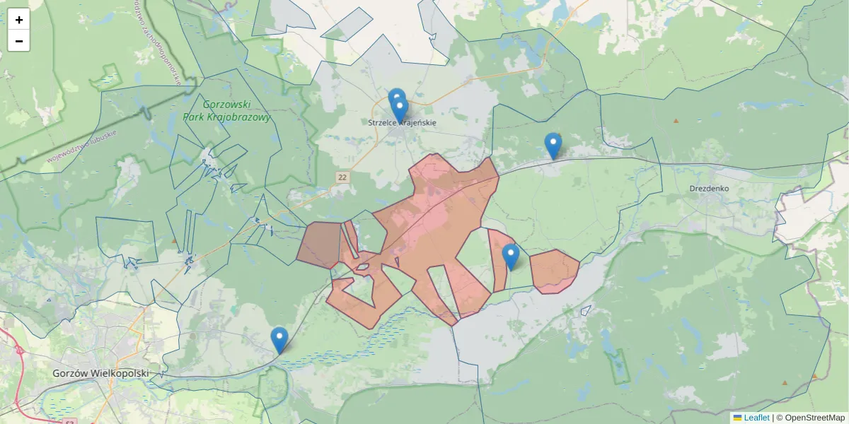 Szczegółowa mapa kodu pocztowego 66-542 z granicami, sąsiednimi kodami pocztowymi i urzędami pocztowymi