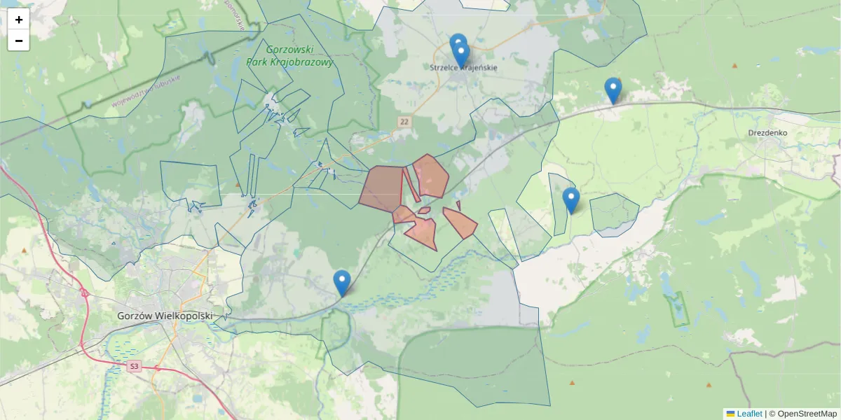Szczegółowa mapa kodu pocztowego 66-543 z granicami, sąsiednimi kodami pocztowymi i urzędami pocztowymi