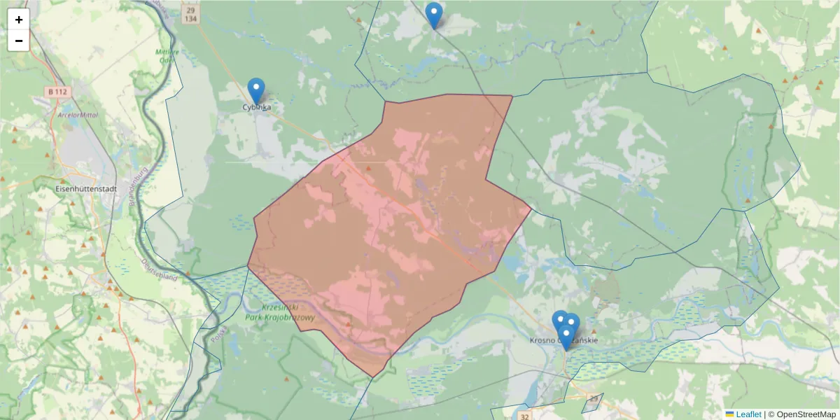 Szczegółowa mapa kodu pocztowego 66-614 z granicami, sąsiednimi kodami pocztowymi i urzędami pocztowymi
