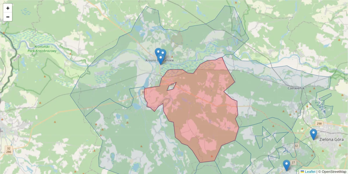 Szczegółowa mapa kodu pocztowego 66-615 z granicami, sąsiednimi kodami pocztowymi i urzędami pocztowymi
