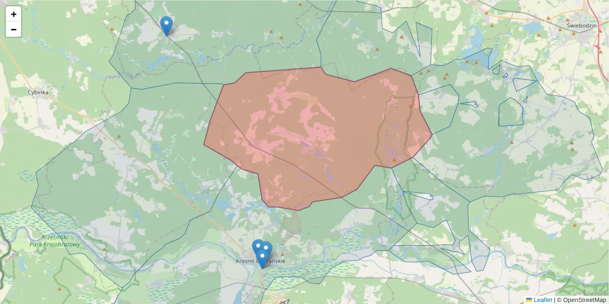 Szczegółowa mapa kodu pocztowego 66-630 z granicami, sąsiednimi kodami pocztowymi i urzędami pocztowymi
