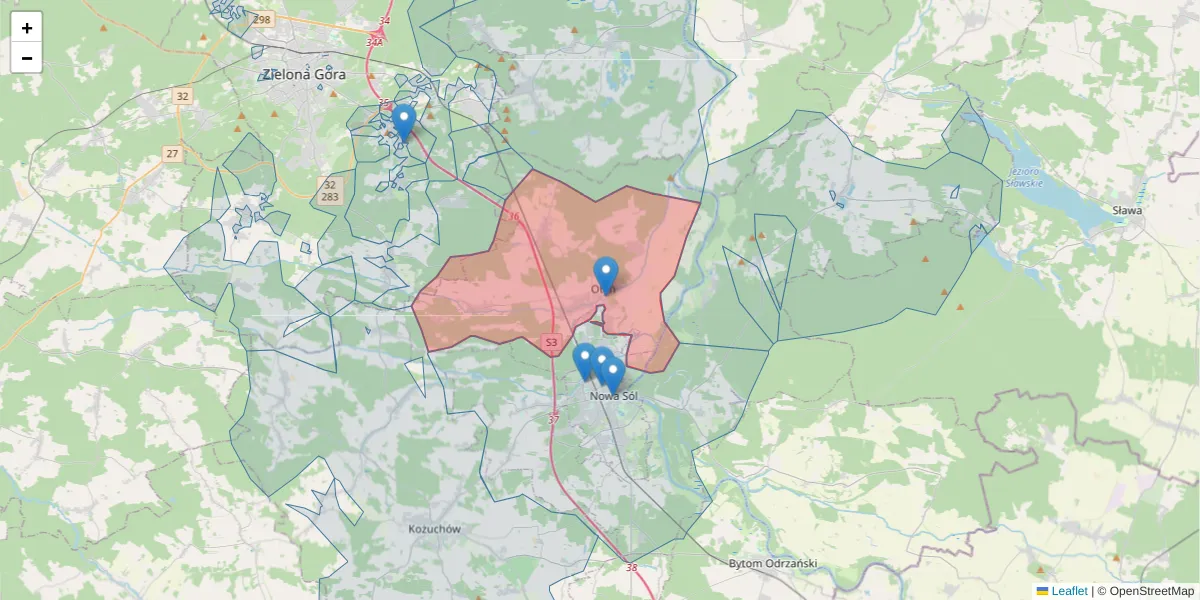 Szczegółowa mapa kodu pocztowego 67-106 z granicami, sąsiednimi kodami pocztowymi i urzędami pocztowymi