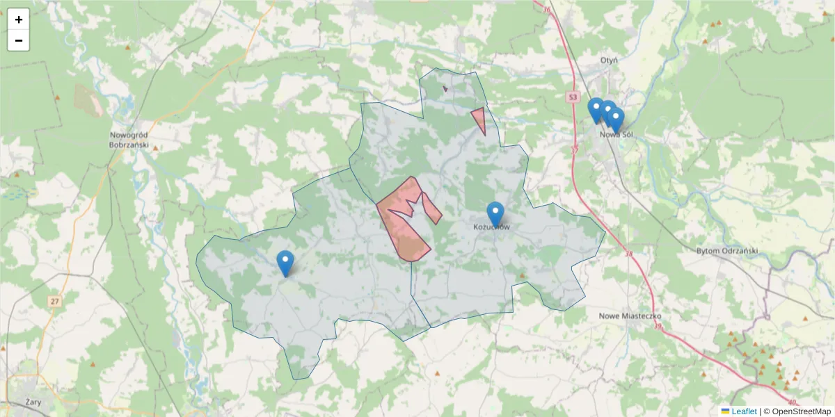 Szczegółowa mapa kodu pocztowego 67-128 z granicami, sąsiednimi kodami pocztowymi i urzędami pocztowymi