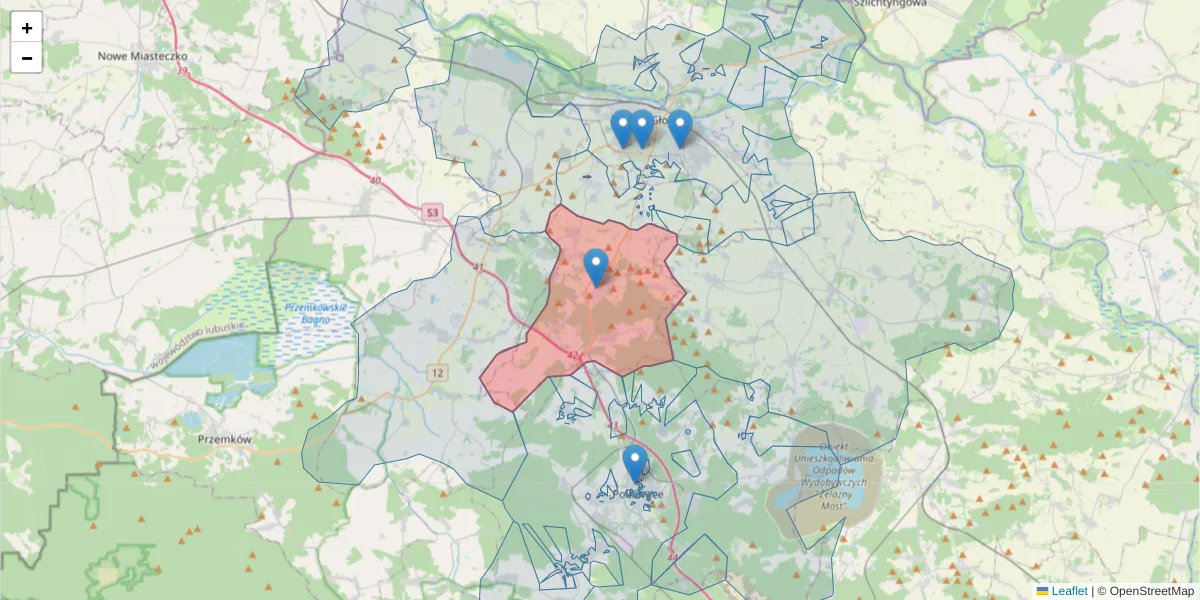 Szczegółowa mapa kodu pocztowego 67-222 z granicami, sąsiednimi kodami pocztowymi i urzędami pocztowymi