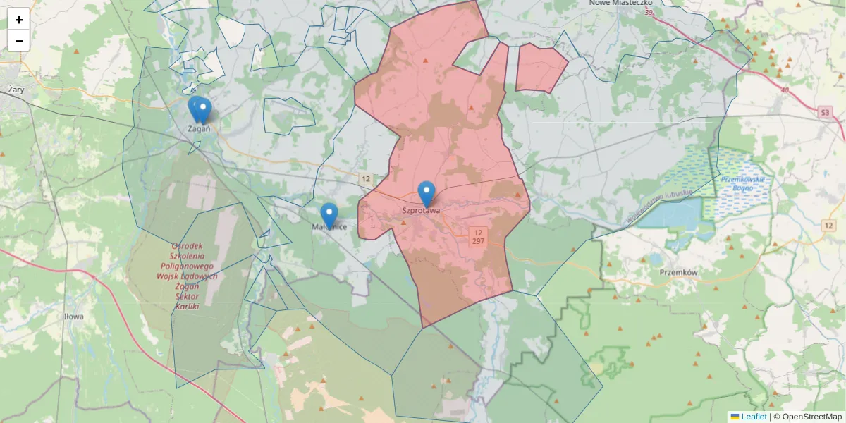 Szczegółowa mapa kodu pocztowego 67-300 z granicami, sąsiednimi kodami pocztowymi i urzędami pocztowymi