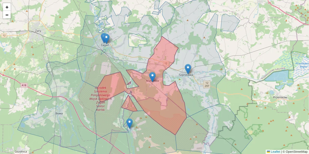 Szczegółowa mapa kodu pocztowego 67-320 z granicami, sąsiednimi kodami pocztowymi i urzędami pocztowymi
