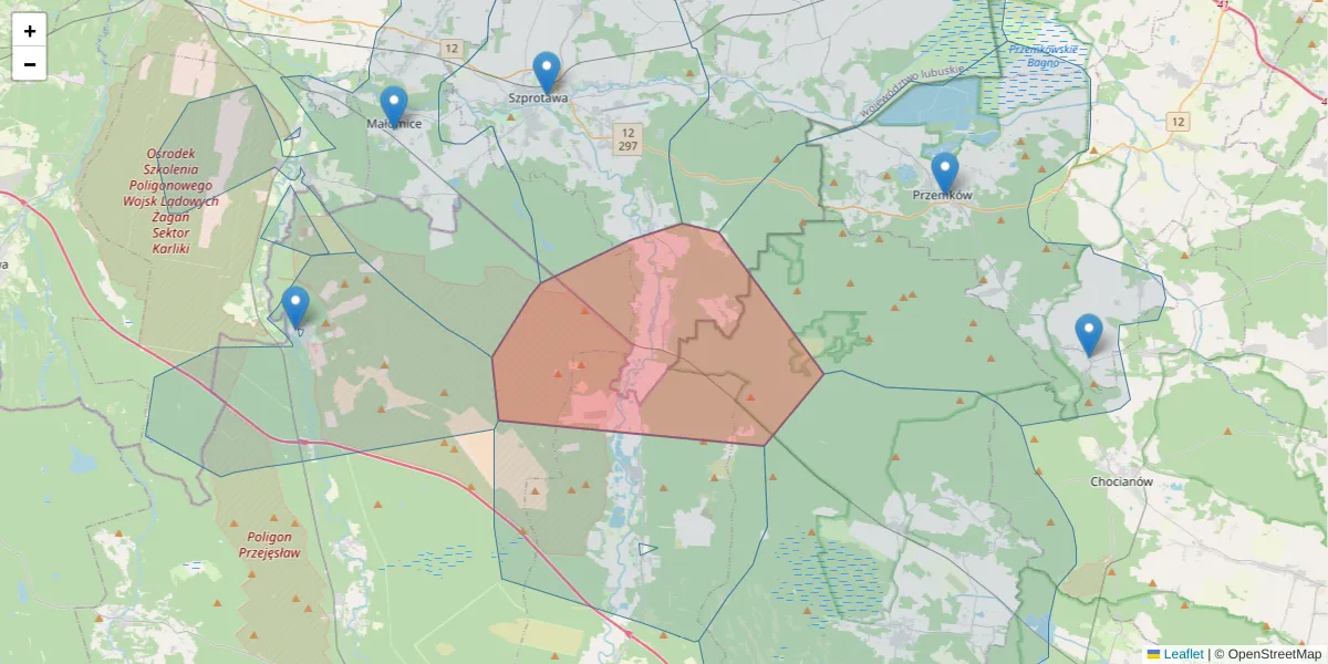 Szczegółowa mapa kodu pocztowego 67-321 z granicami, sąsiednimi kodami pocztowymi i urzędami pocztowymi