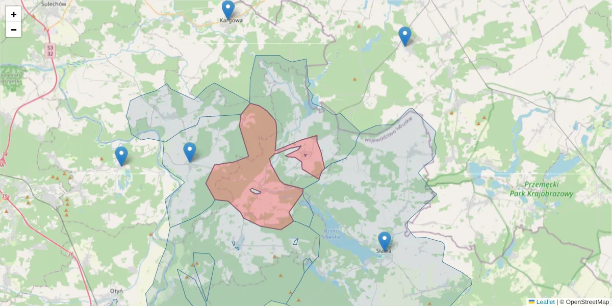 Szczegółowa mapa kodu pocztowego 67-416 z granicami, sąsiednimi kodami pocztowymi i urzędami pocztowymi