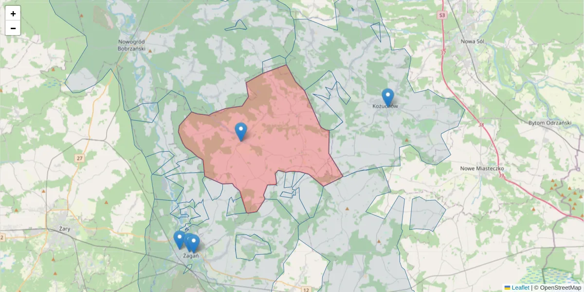 Szczegółowa mapa kodu pocztowego 68-113 z granicami, sąsiednimi kodami pocztowymi i urzędami pocztowymi