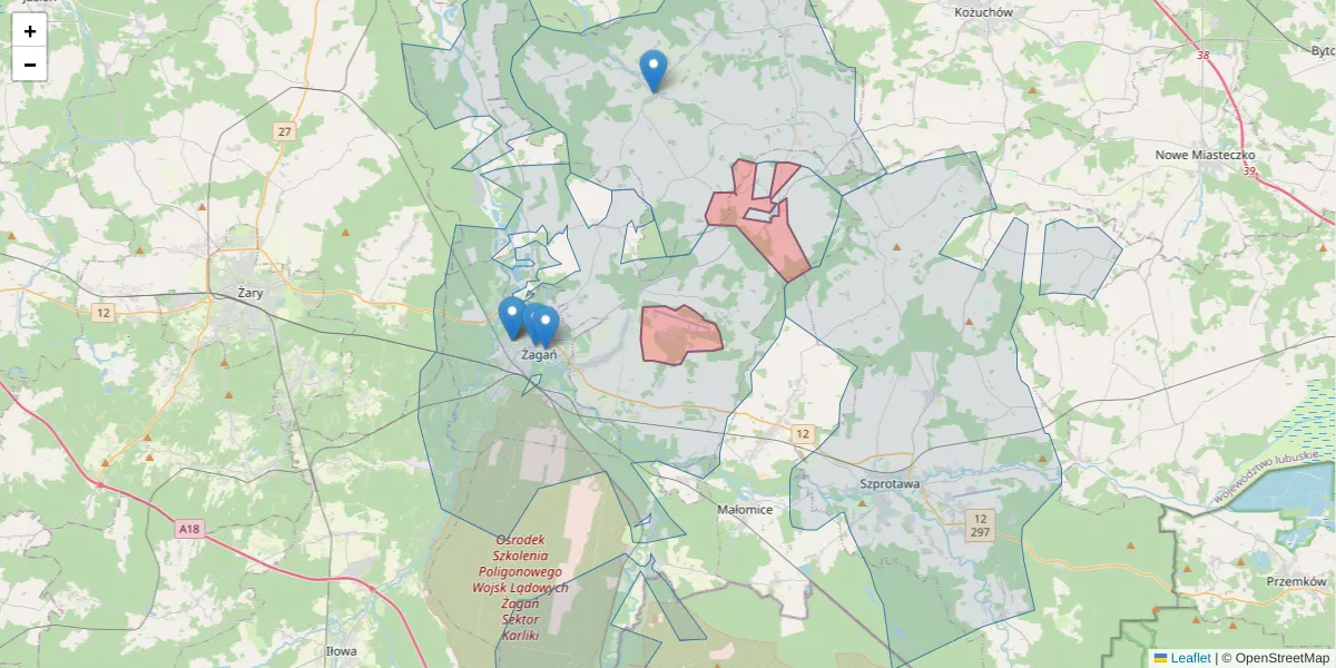 Szczegółowa mapa kodu pocztowego 68-114 z granicami, sąsiednimi kodami pocztowymi i urzędami pocztowymi