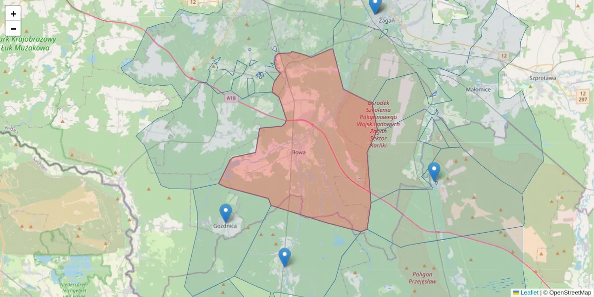 Szczegółowa mapa kodu pocztowego 68-120 z granicami, sąsiednimi kodami pocztowymi i urzędami pocztowymi