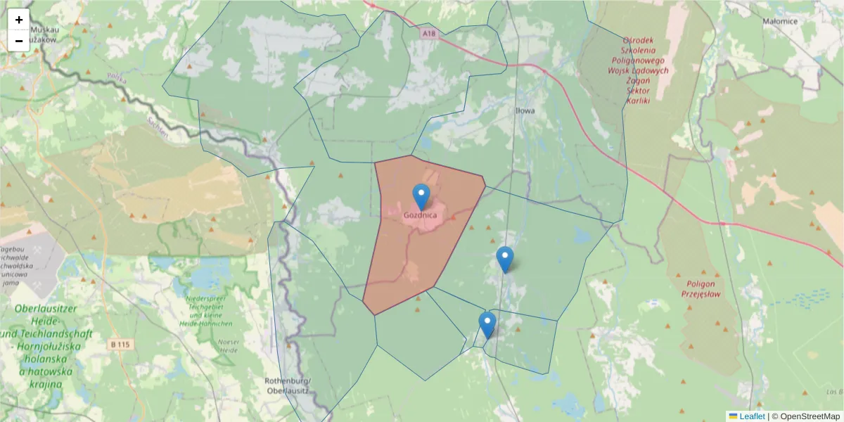 Szczegółowa mapa kodu pocztowego 68-130 z granicami, sąsiednimi kodami pocztowymi i urzędami pocztowymi