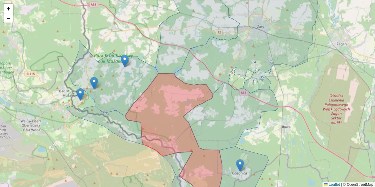 Szczegółowa mapa kodu pocztowego 68-132 z granicami, sąsiednimi kodami pocztowymi i urzędami pocztowymi