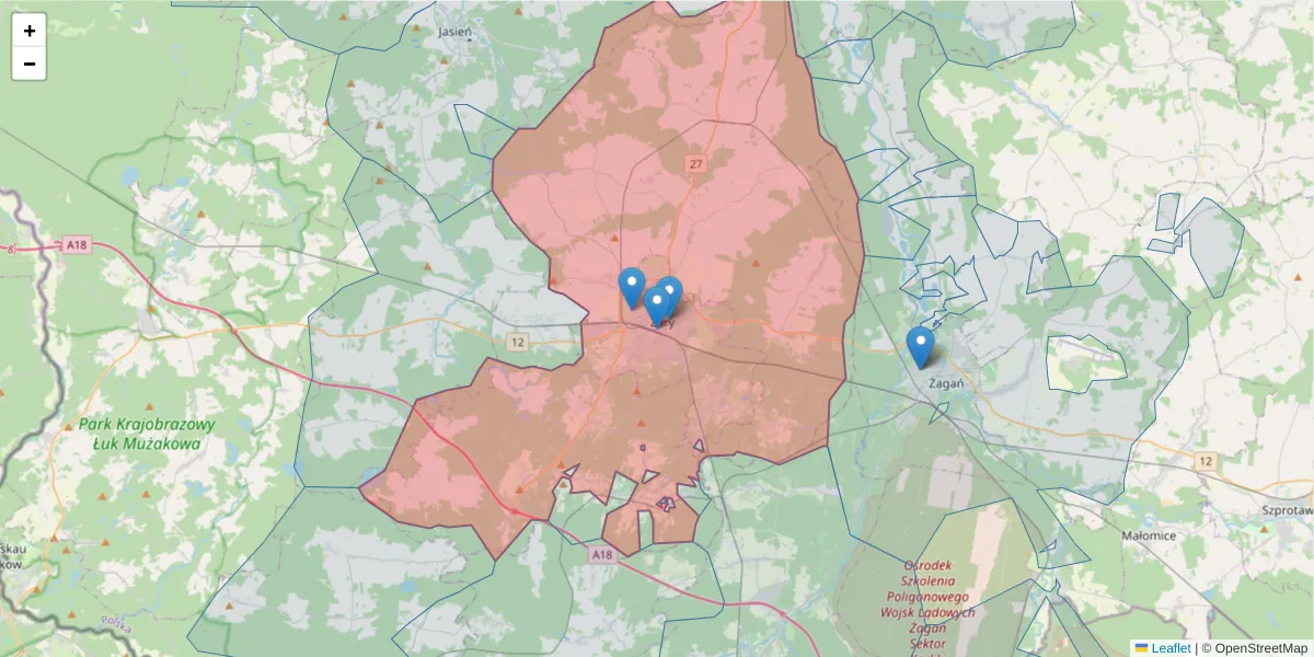 Szczegółowa mapa kodu pocztowego 68-200 z granicami, sąsiednimi kodami pocztowymi i urzędami pocztowymi