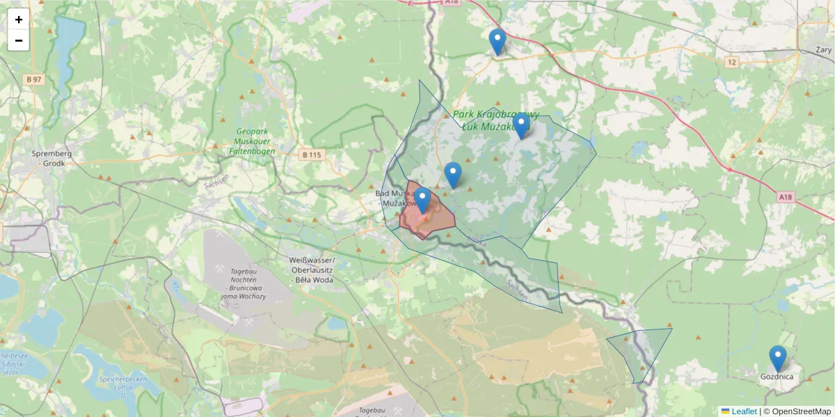 Szczegółowa mapa kodu pocztowego 68-208 z granicami, sąsiednimi kodami pocztowymi i urzędami pocztowymi