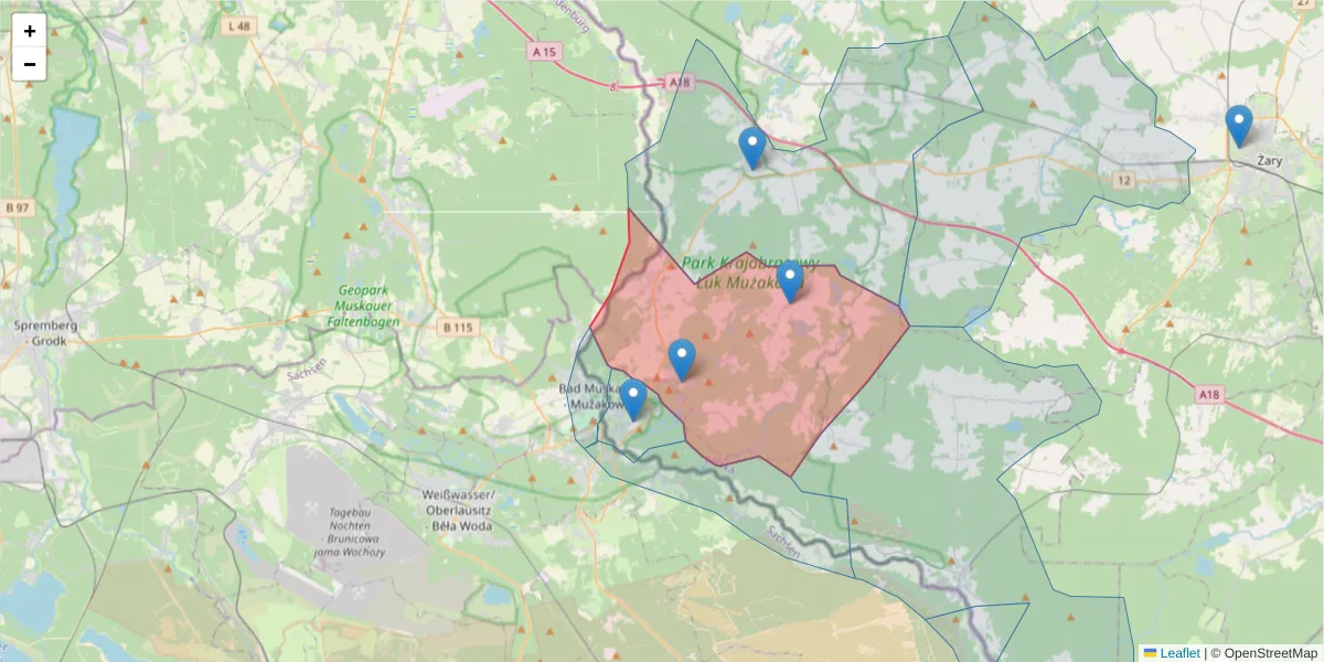 Szczegółowa mapa kodu pocztowego 68-210 z granicami, sąsiednimi kodami pocztowymi i urzędami pocztowymi