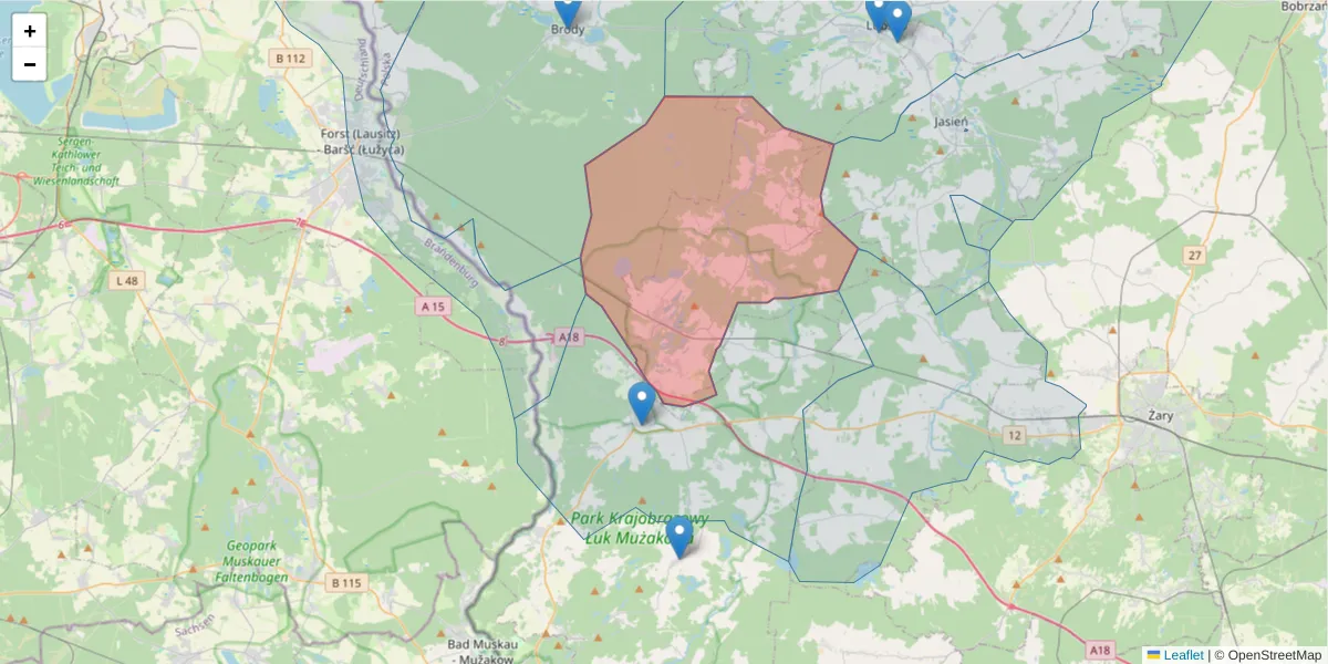 Szczegółowa mapa kodu pocztowego 68-219 z granicami, sąsiednimi kodami pocztowymi i urzędami pocztowymi